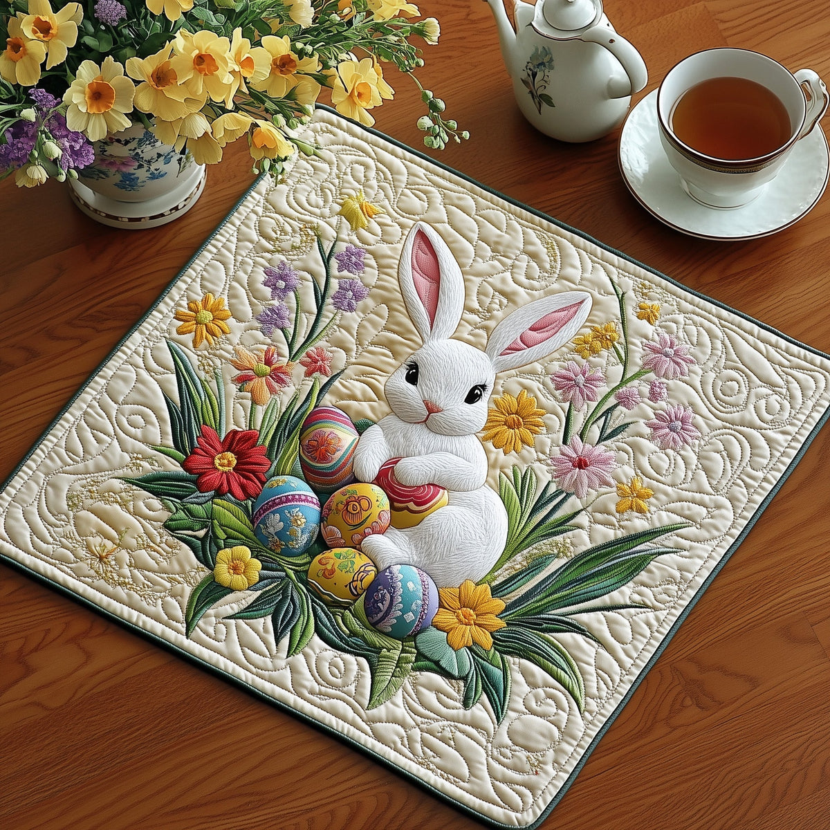 Springtime Blessings quilted placemats – bunny in flower nest