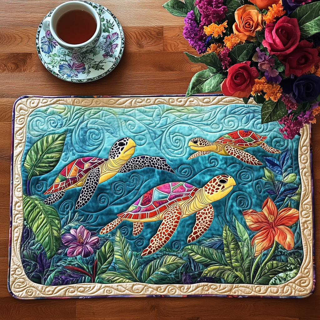 Reef Turtles quilted placemats – two turtles on cream