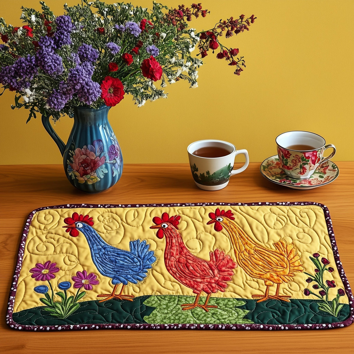 Funky Feathers quilted placemats – hens on yellow