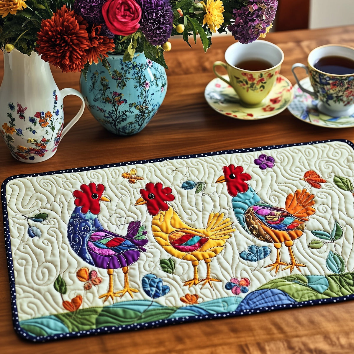 Funky Chickens quilted placemats – colourful hens