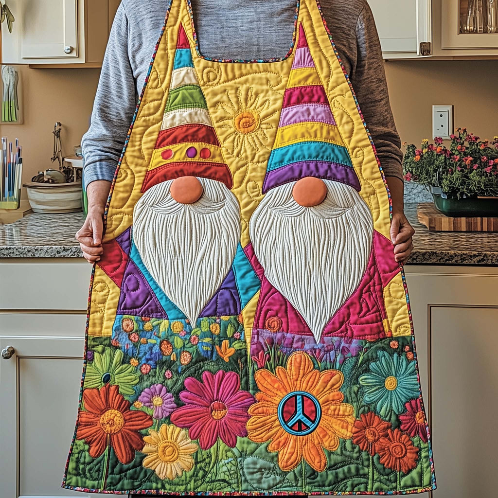 Flower Power Gnomes quilted apron – gnomes with flowers