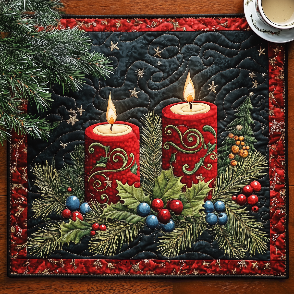Enchanted Candlelight quilted placemats – red candles and pine