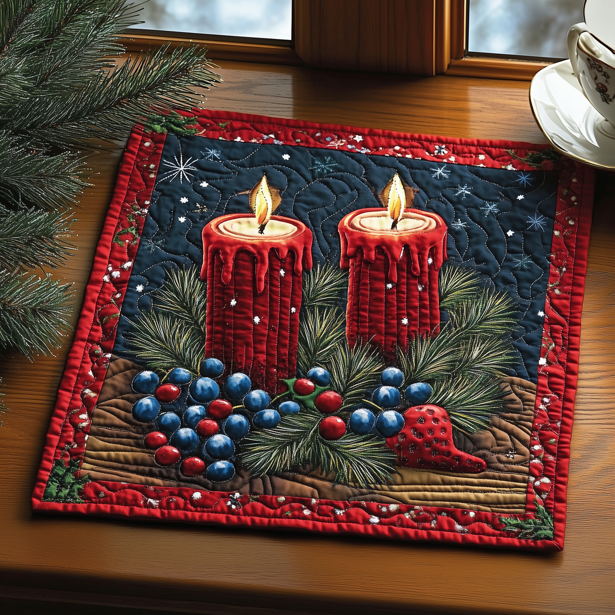 Festive Candle Glow quilted placemats – candles with berries