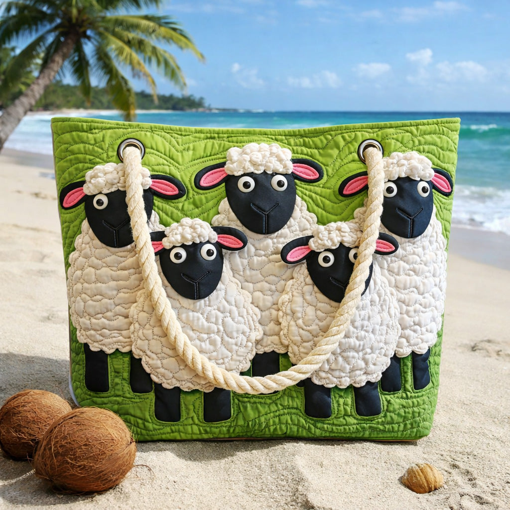 Quilted beach bag with the Sky of Sheep design, woolly white sheep grazing under a wide blue sky with clouds, green fields and dry stone walls