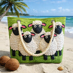 Quilted beach bag with the Sky of Sheep design, woolly white sheep grazing under a wide blue sky with clouds, green fields and dry stone walls