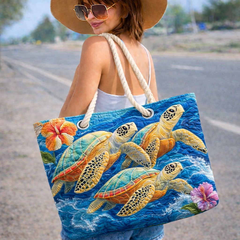 Quilted beach bag with the Marine Turtle design, a large sea turtle in navy and jade