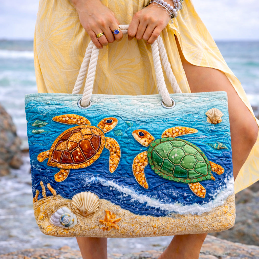 Quilted beach bag with the Tropical Turtle design, sea turtles gliding through bright tropical water amongst coral