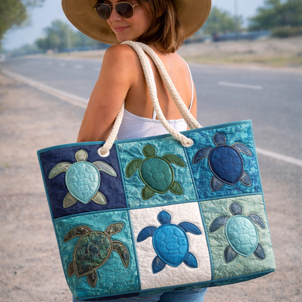 Quilted beach bag with the Blue Turtle design, one sea turtle with an indigo and aqua patterned shell on a pale ground