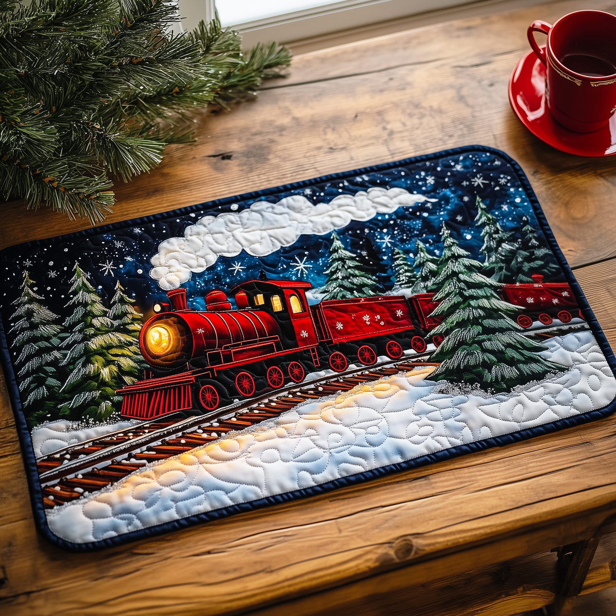 Twilight Snow Express quilted placemats – red train in snowy pines