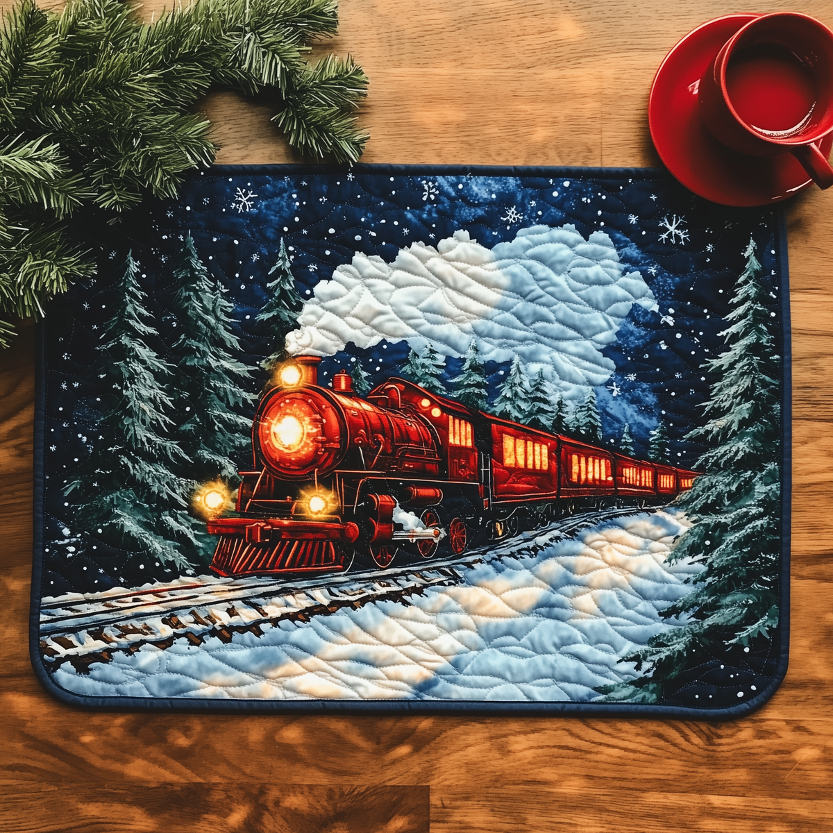Northern Snow Express quilted placemats – train on snowy tracks