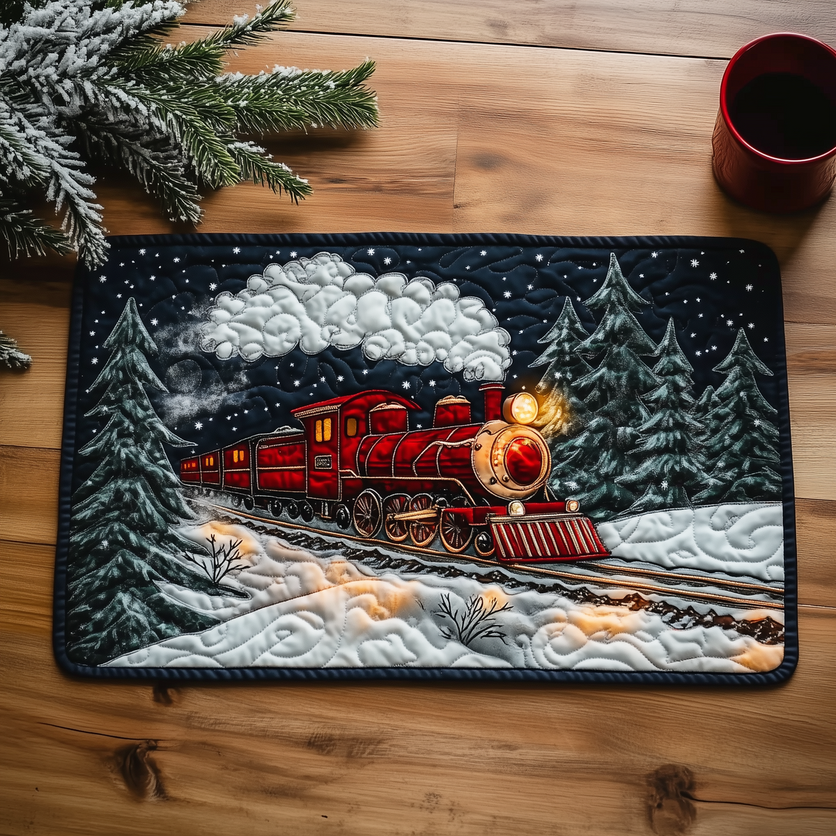 Winter Night Express quilted placemats – train under starry sky
