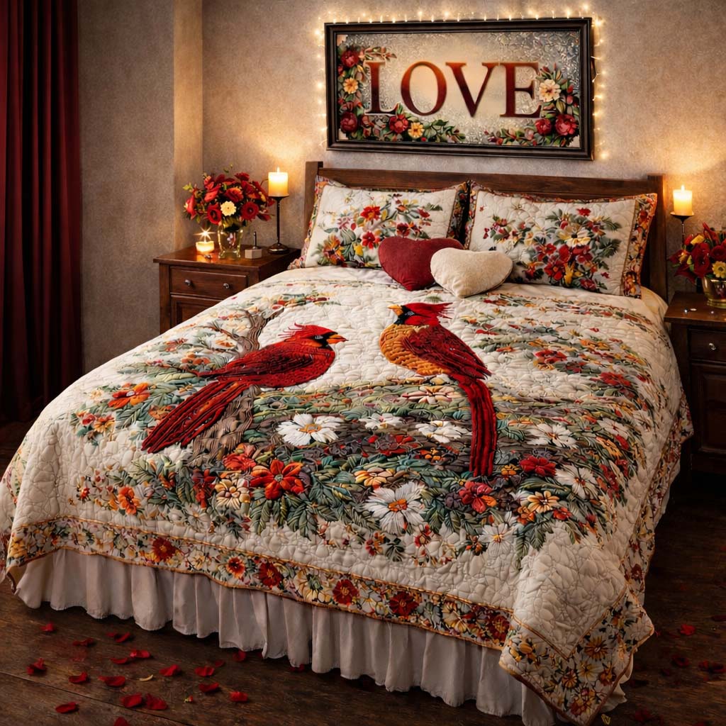 Close-up of the wave-stitch quilting on the Cardinals bedspread