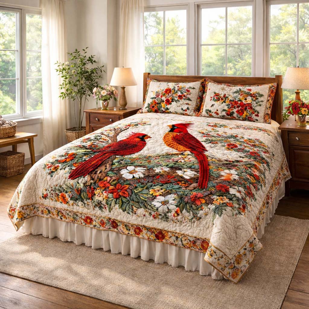 The Cardinals quilted bedspread set laid out on a made bed
