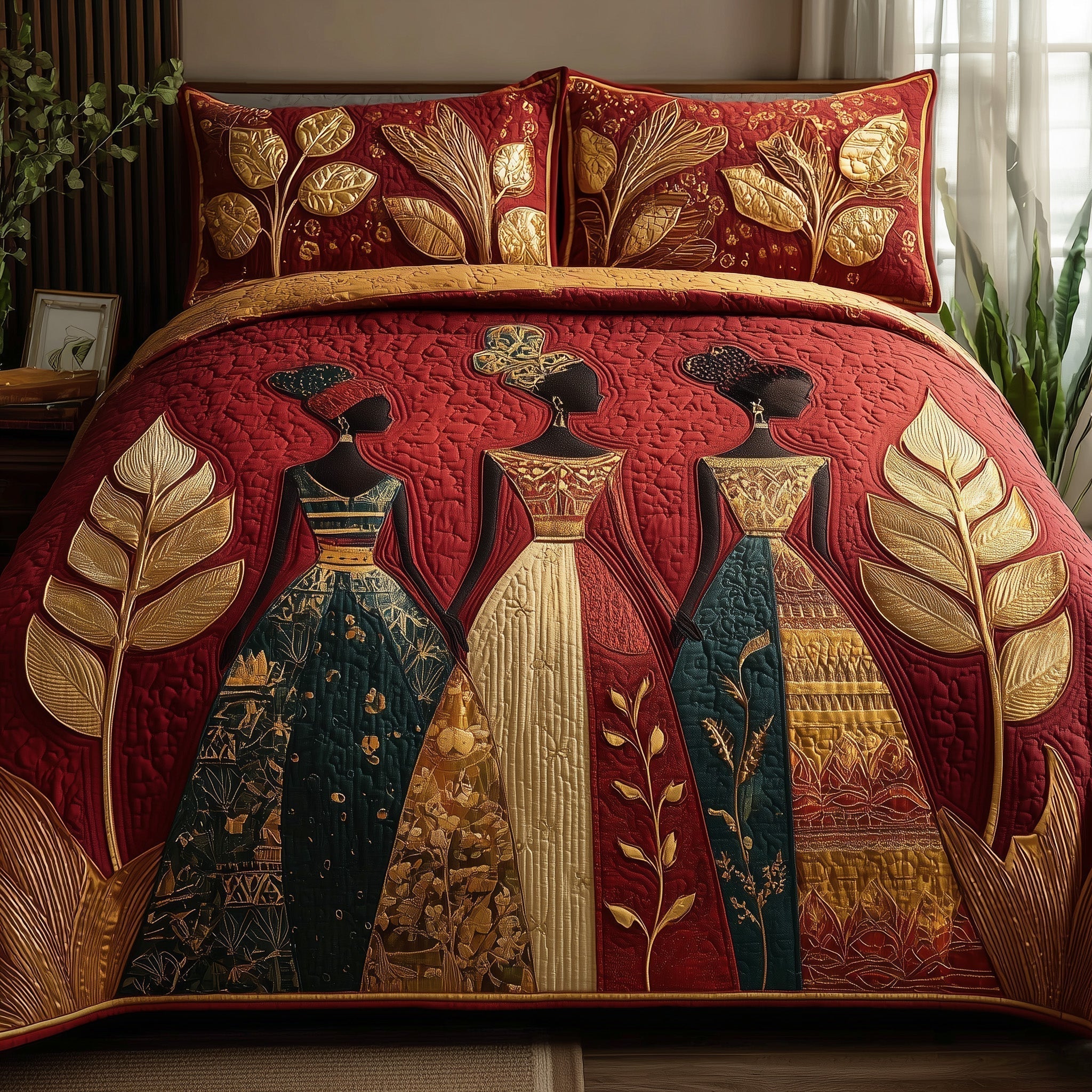 Quilted bedspread set with portraits of Black women in headwraps and gold jewellery with Ankara-style borders, the Golden Queens design
