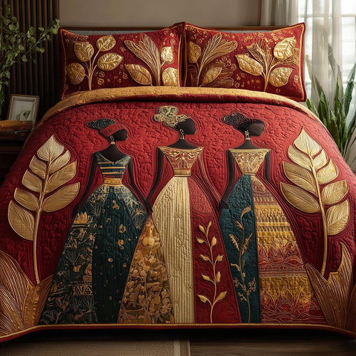 Quilted bedspread set with portraits of Black women in headwraps and gold jewellery with Ankara-style borders, the Golden Queens design