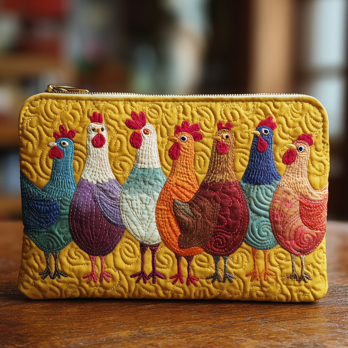 Golden Swirl Hens quilted purse – hens on golden swirls