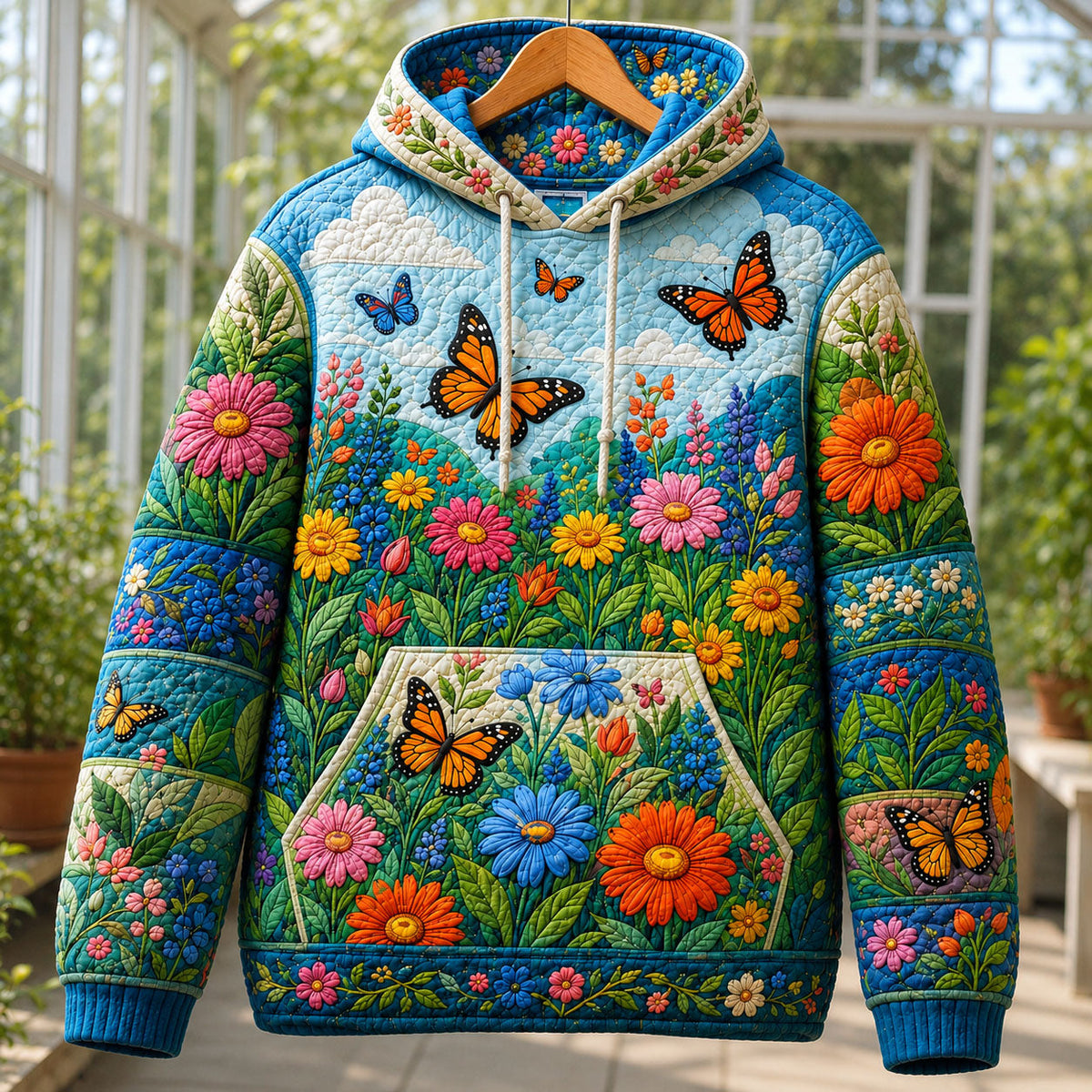 Butterfly Flower Field quilted hoodie – butterflies over flowers