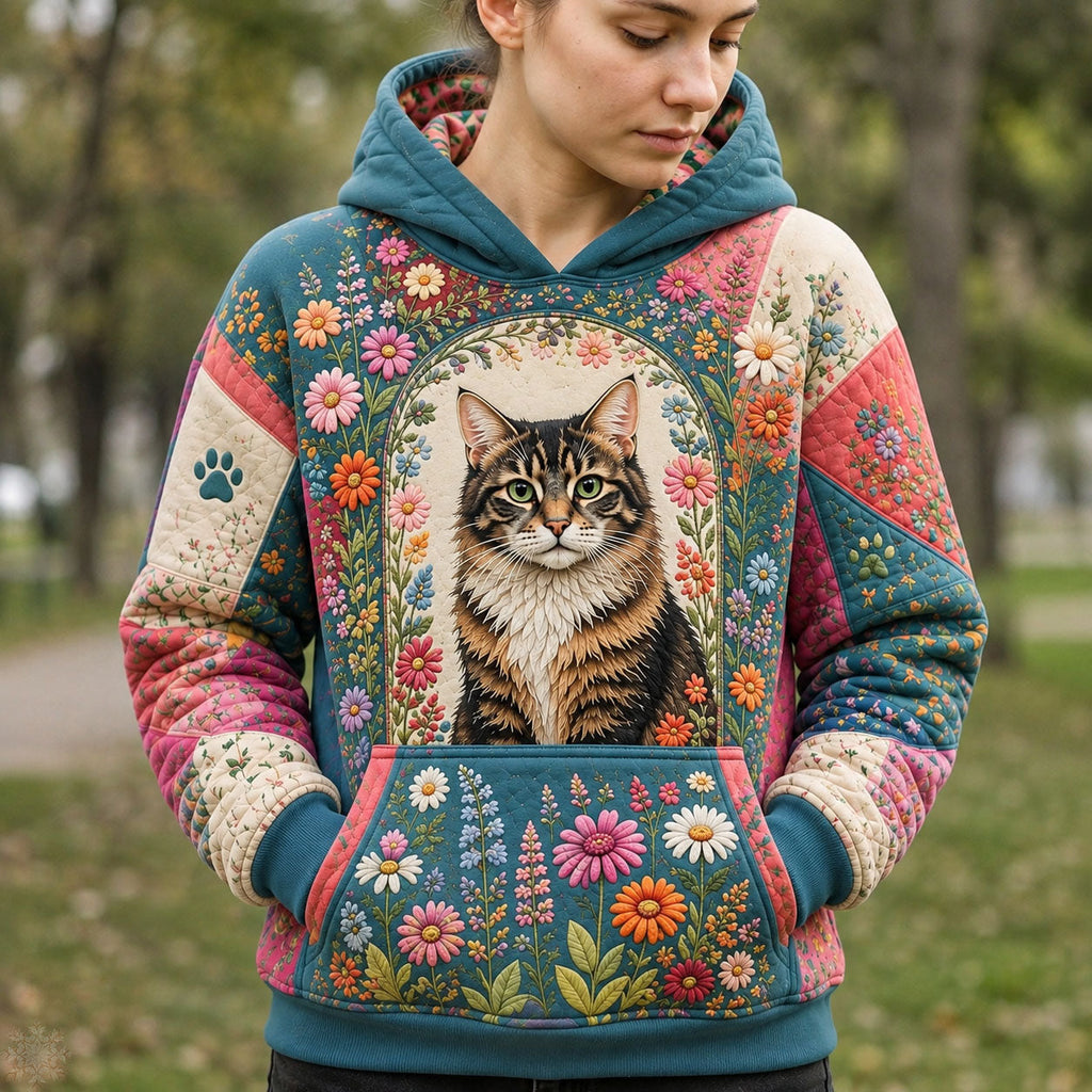 Garden Tabby quilted hoodie – tabby with flowers