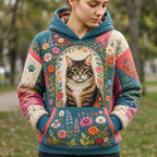 Garden Tabby quilted hoodie – tabby with flowers