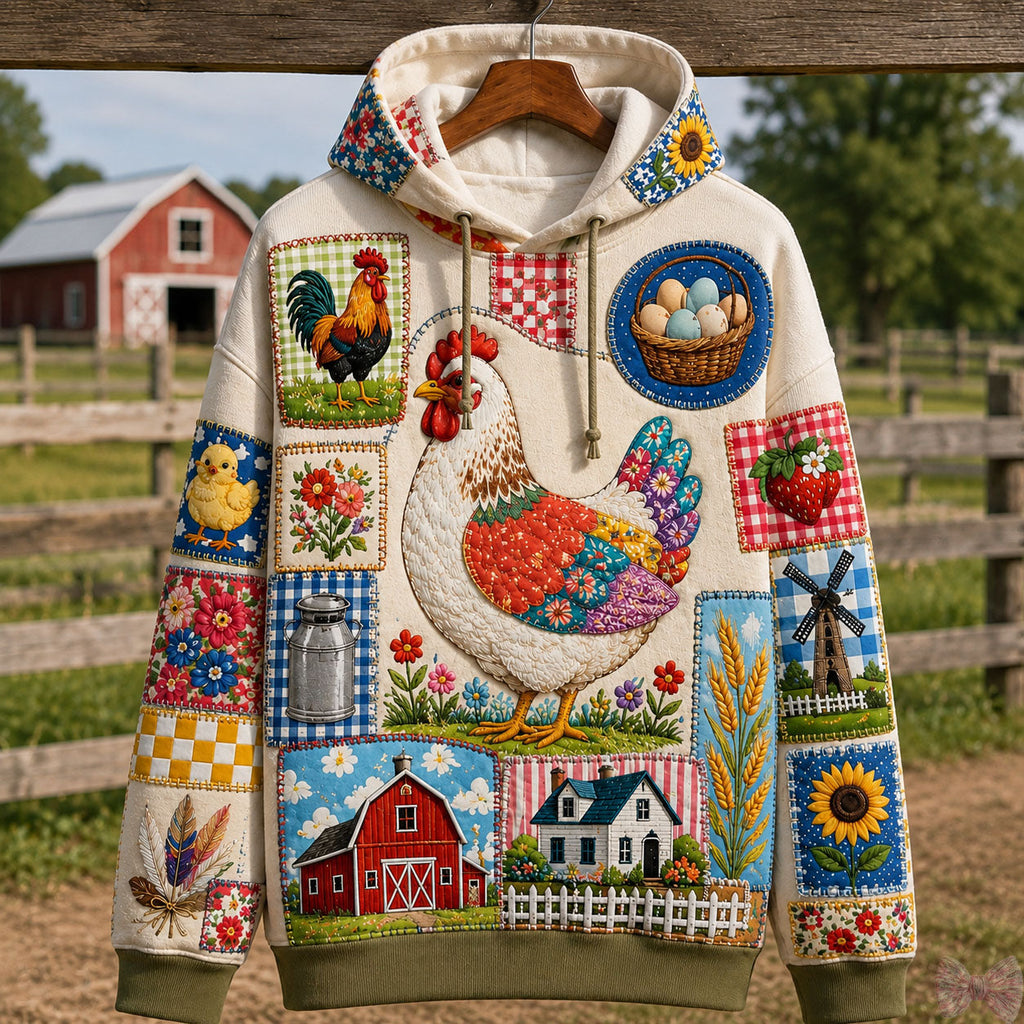Hen Patchwork Farm quilted hoodie – hen on farm patchwork