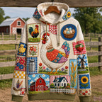 Hen Patchwork Farm quilted hoodie – hen on farm patchwork