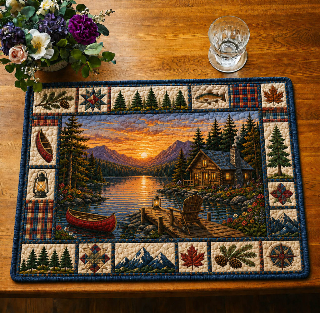 Lakeside Sunset Cabin quilted placemats – lake at sunset