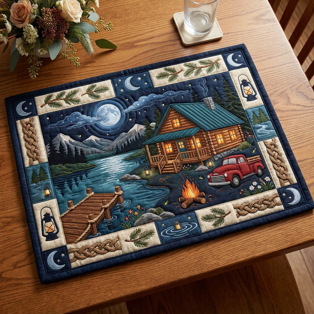Moonlit Lake Cabin quilted placemats – cabin by moonlight
