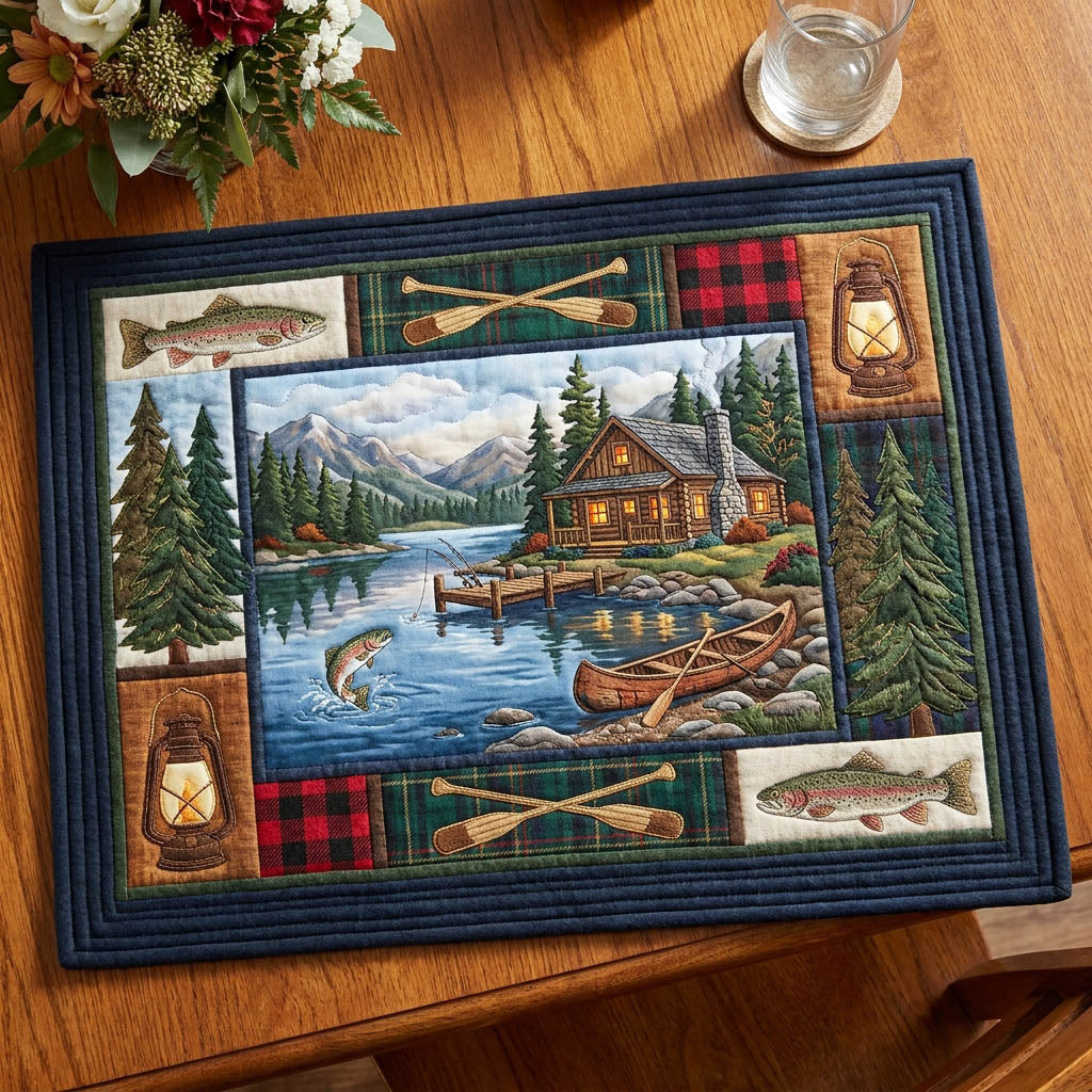 Fisherman's Cabin quilted placemats – cabin with plaid border