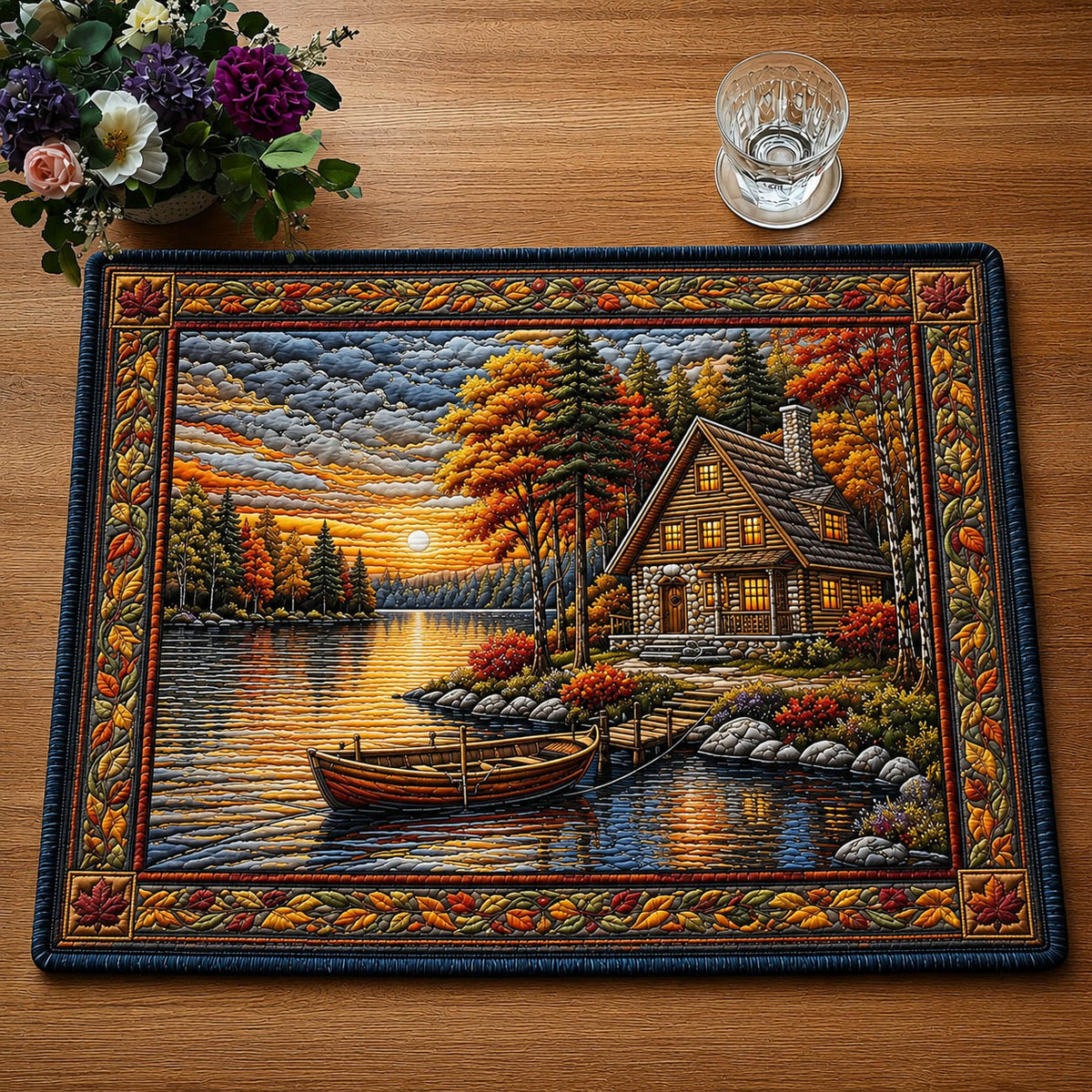 Lakeside Cabin Sunset quilted placemats – cabin by a lake at sunset