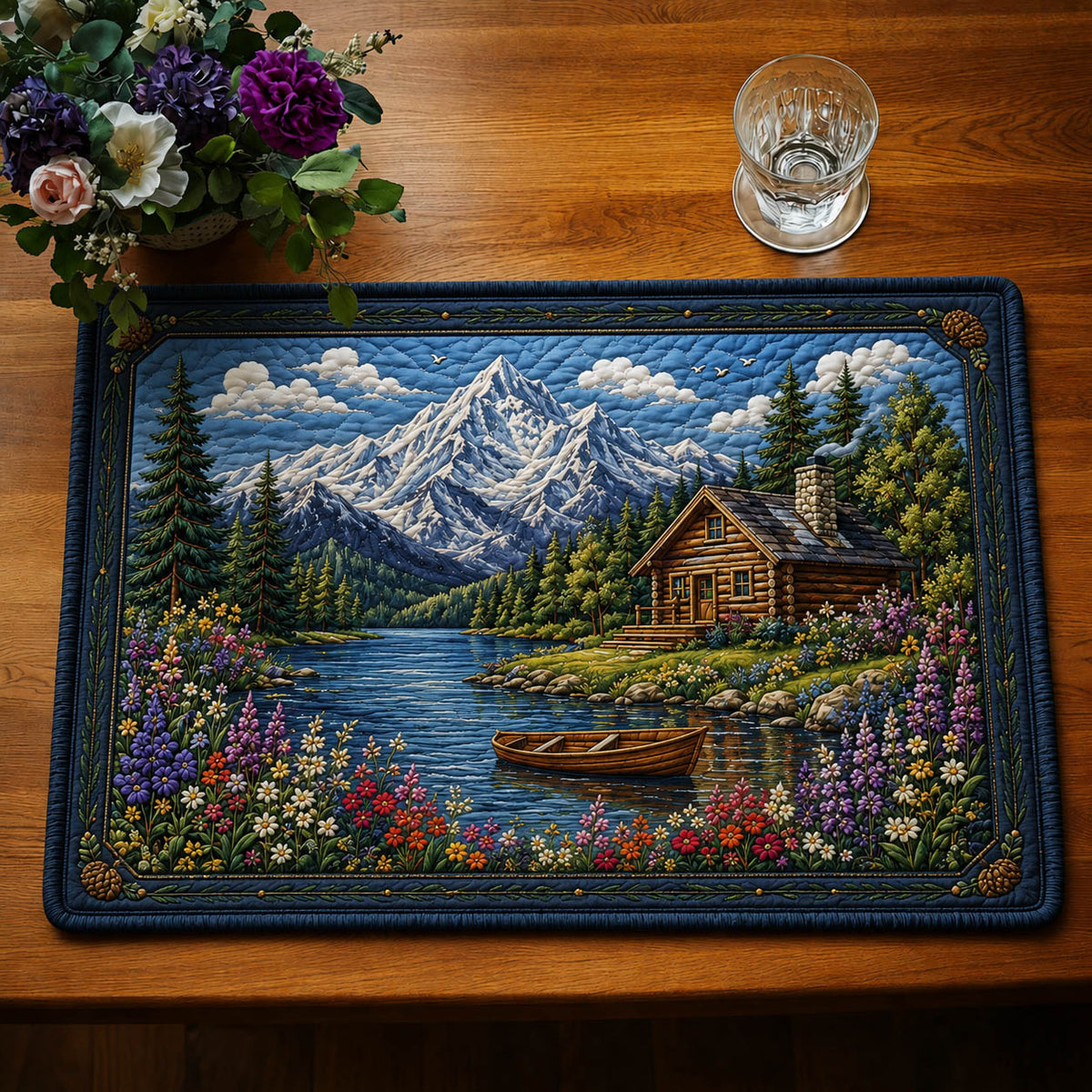 Floral Lakeside Cabin quilted placemats – lakeside cabin and mountains
