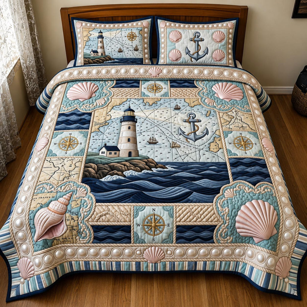 Quilted bedspread set with sailing boats, anchors, rope knots and lighthouses in navy and weathered white, the Nautical Escape design