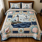 Quilted bedspread set with sailing boats, anchors, rope knots and lighthouses in navy and weathered white, the Nautical Escape design