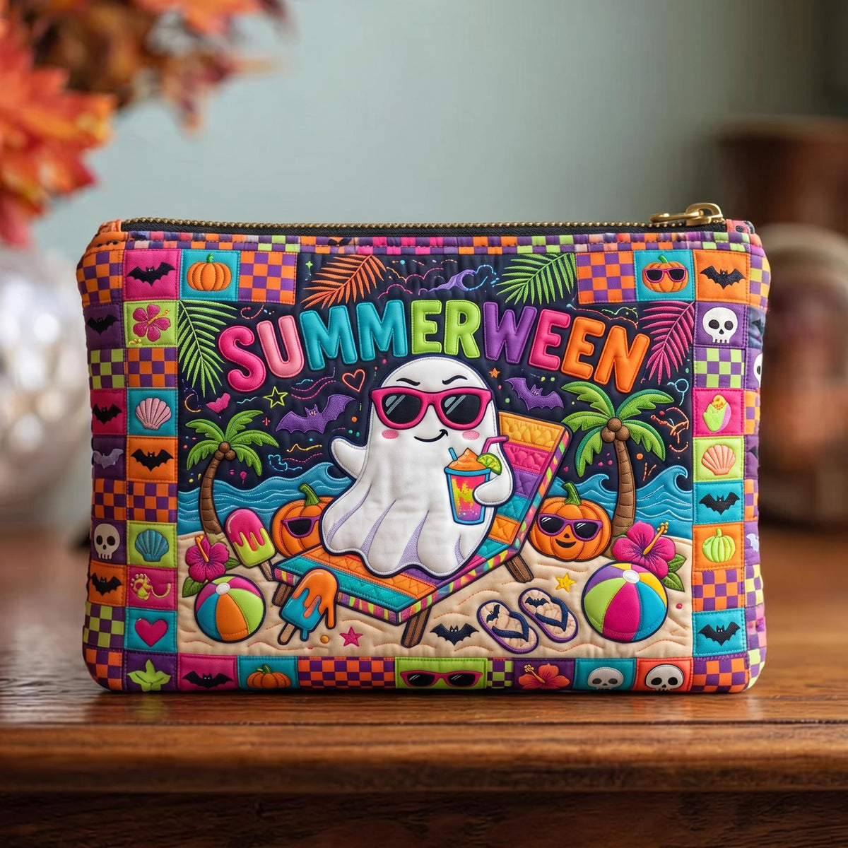 Summerween Ghost quilted purse – ghost in sunglasses