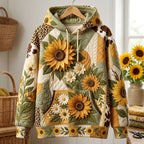 Sunflower Leopard Patch quilted hoodie – sunflowers with leopard trim