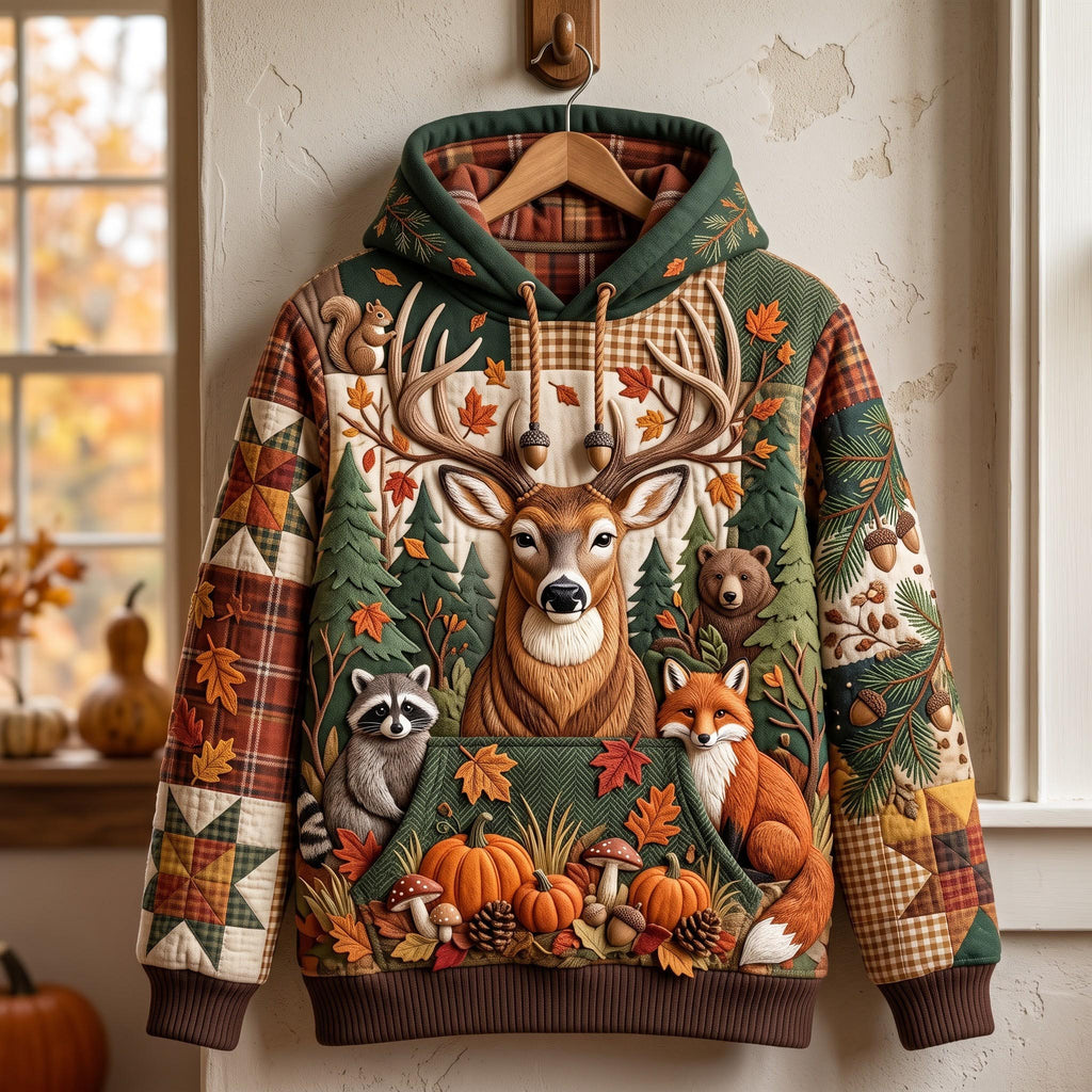 Woodland Stag quilted hoodie – stag with woodland friends