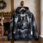 Midnight Wolf quilted hoodie – wolf above pines