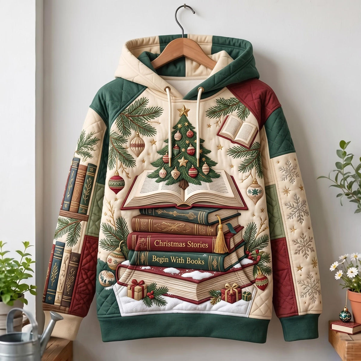 Christmas Book Stack quilted hoodie – christmas books