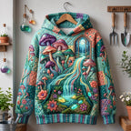 Toadstool Waterfall quilted hoodie – toadstools by a waterfall