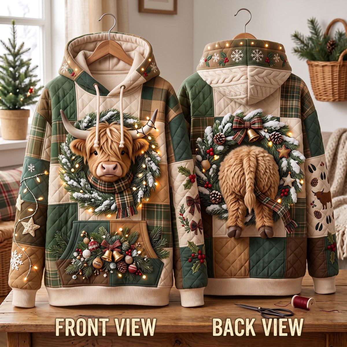 Highland Wreath quilted hoodie – highland cow in a wreath