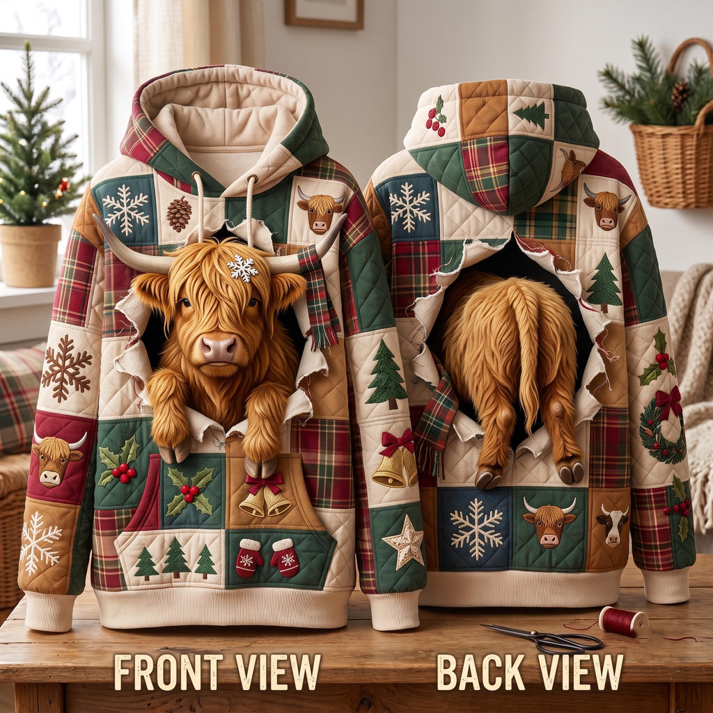Highland Peekaboo quilted hoodie – peeking Highland calf