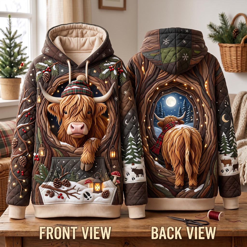 Moonlight Highland quilted hoodie – highland cow in a tree hollow