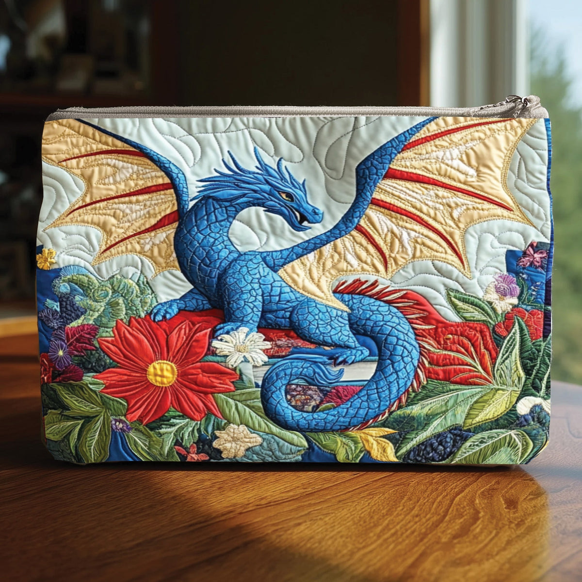 Garden Dragon quilted purse – blue dragon with flowers