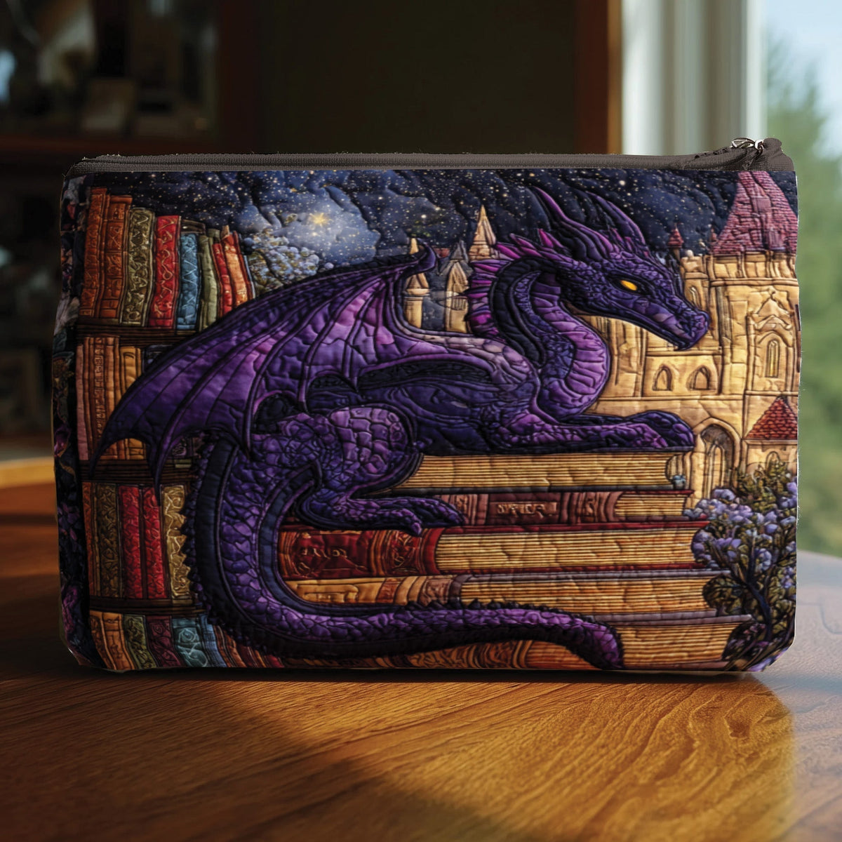 Purple Library Dragon quilted purse – purple dragon in a library