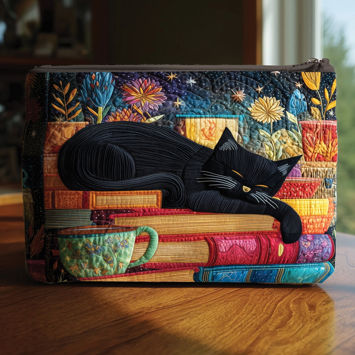 Book Nook Cat quilted purse – black cat on books
