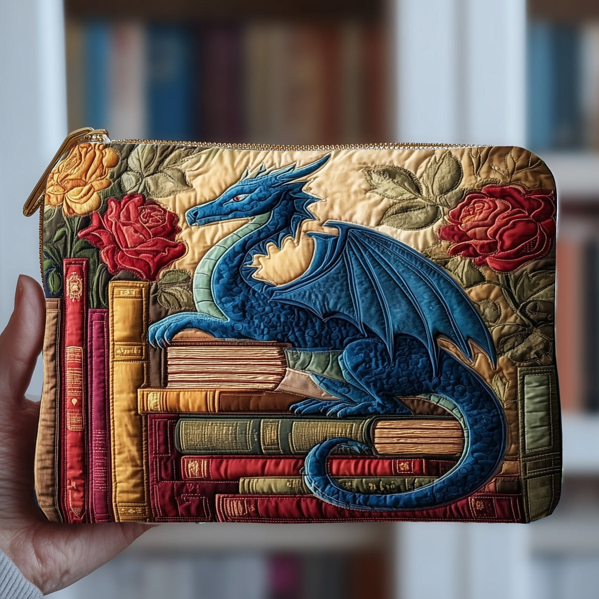 Book Dragon quilted purse – dragon on books