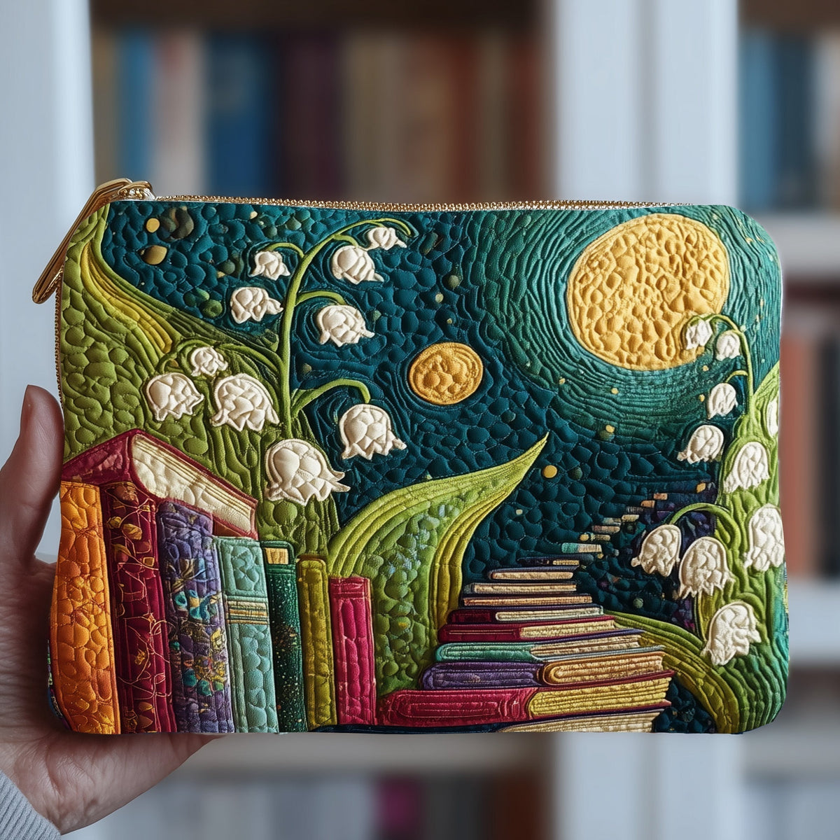 Lily of the Valley Night quilted purse – lilies over books