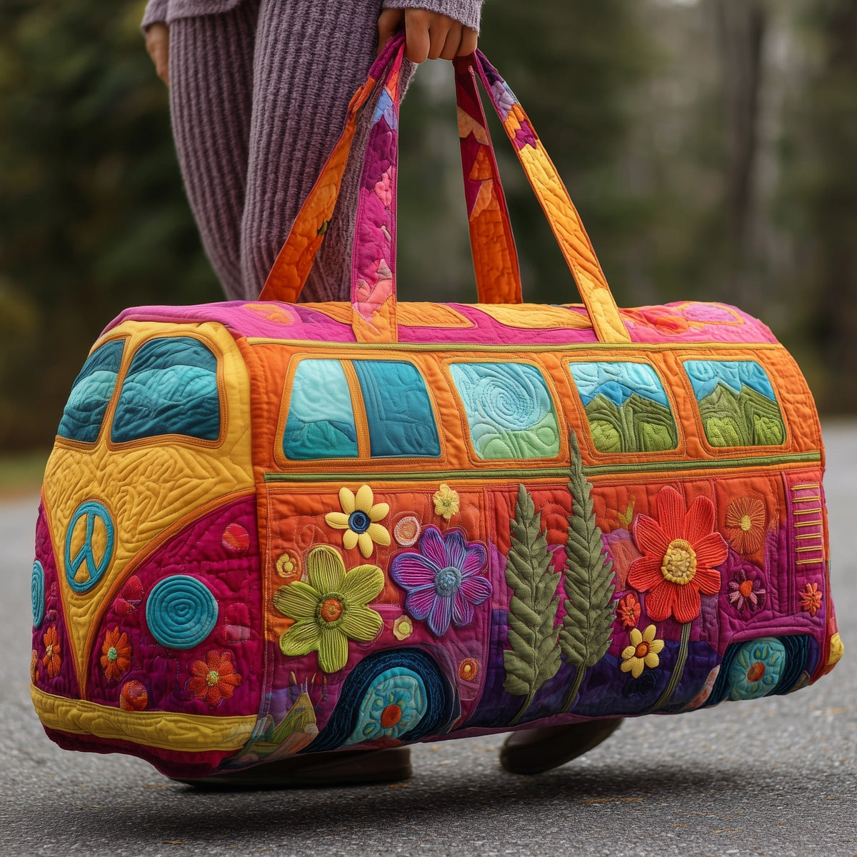 Blossom Bus quilted weekend bag – flower power van