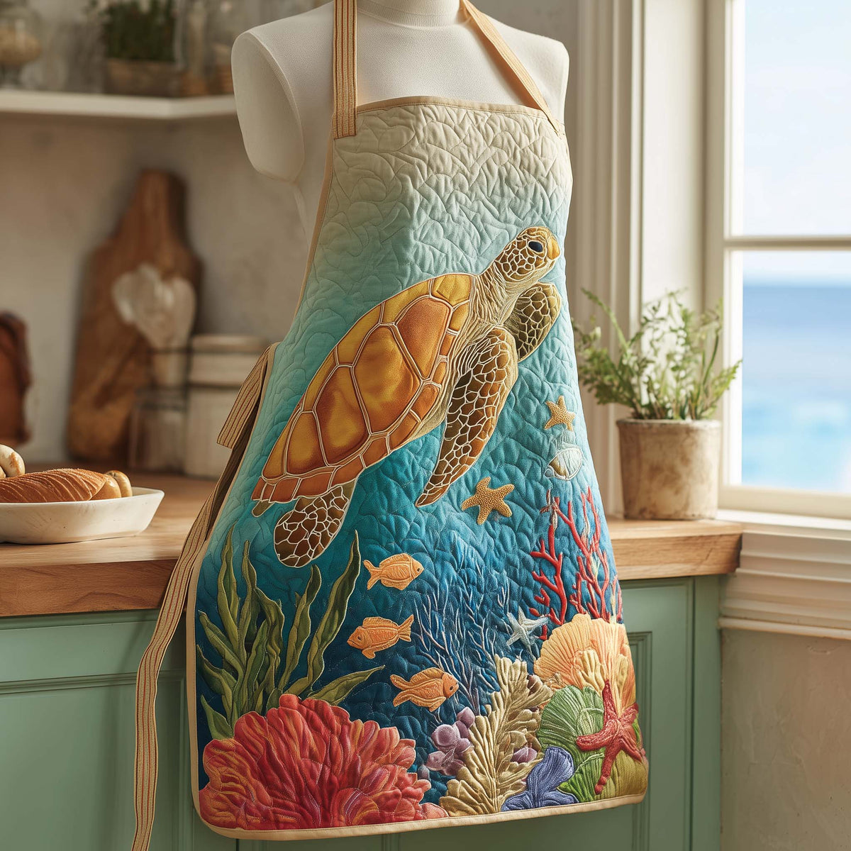 Coral Reef Turtle quilted apron – turtle over coral