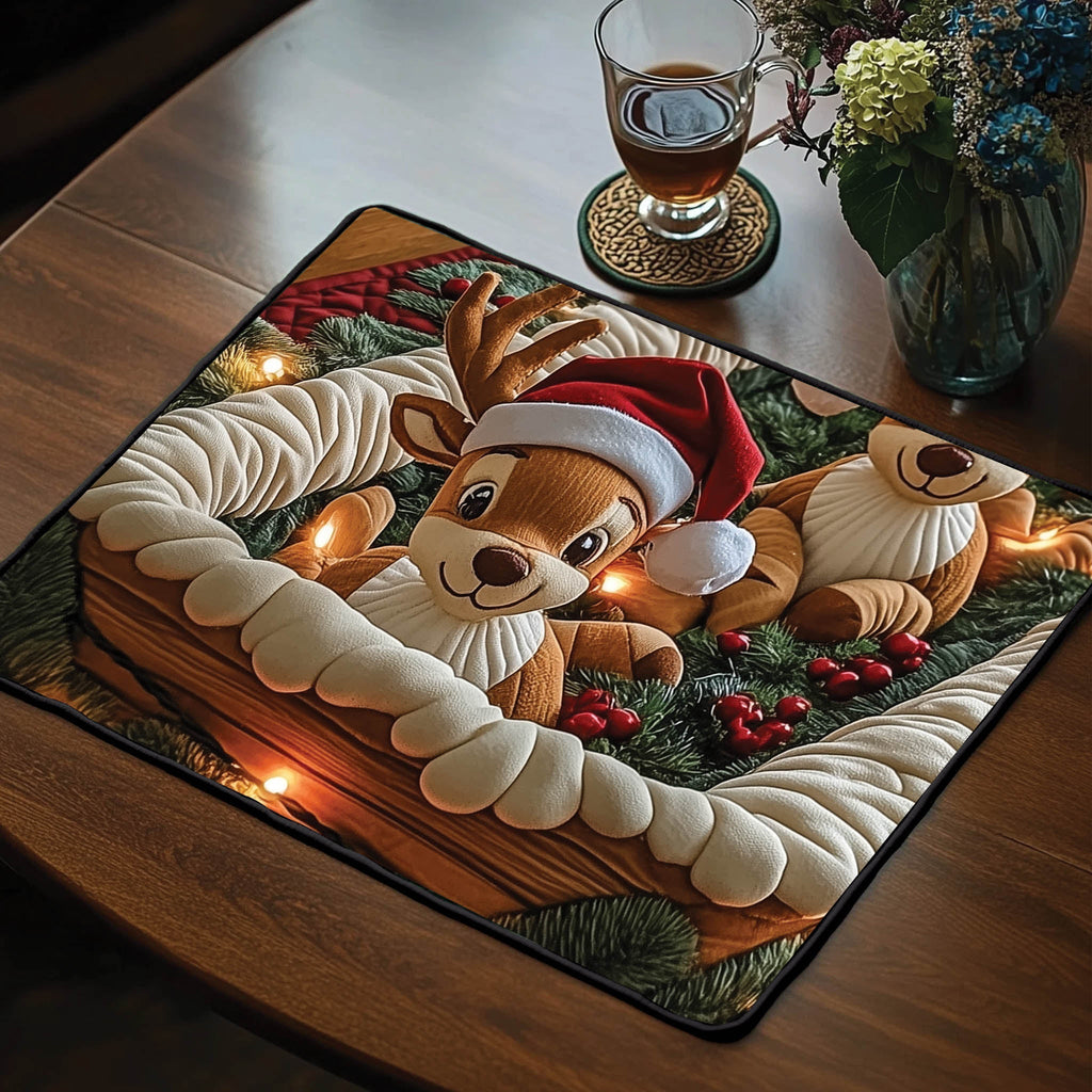 Christmas Reindeer quilted placemats – reindeer in Santa hat