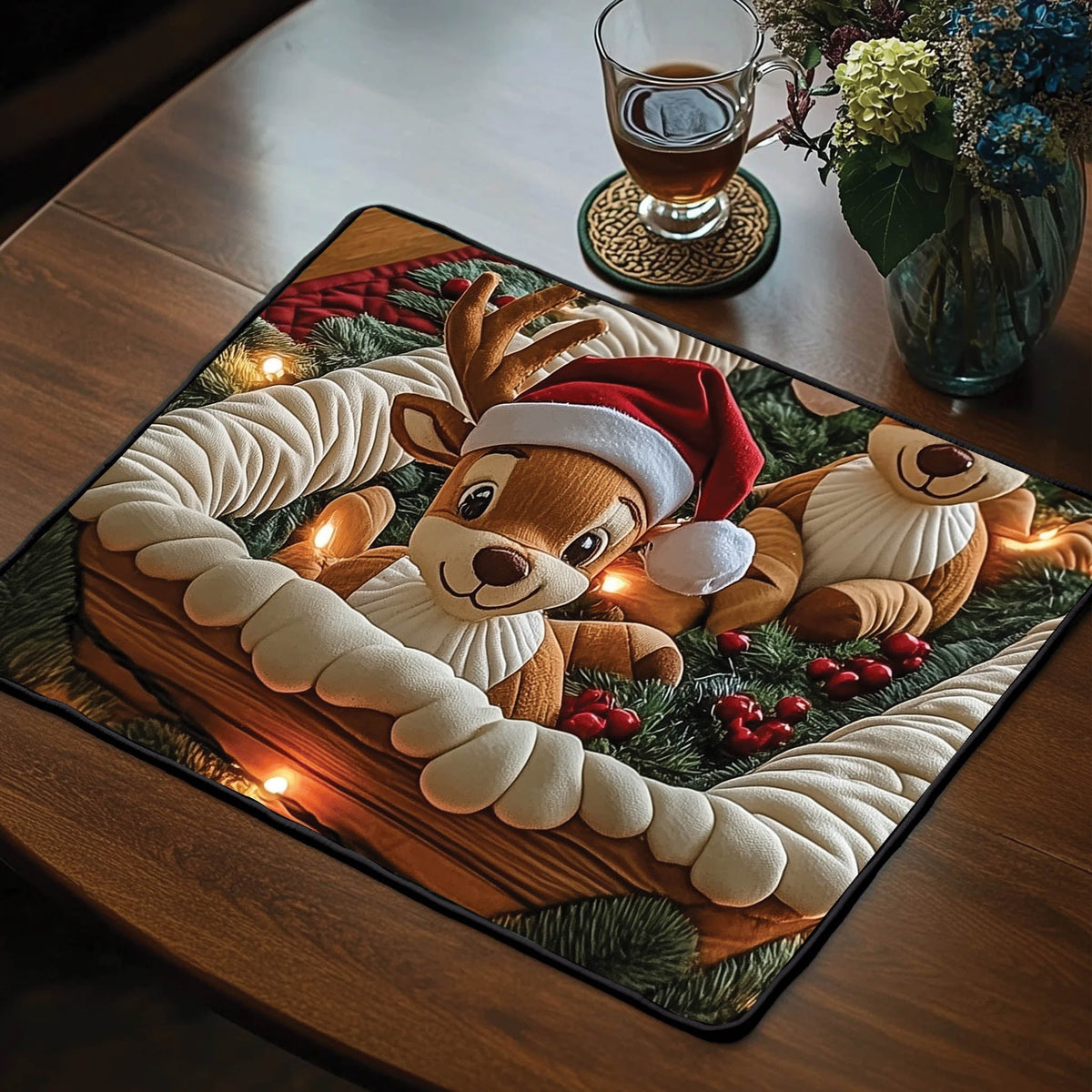 Christmas Reindeer quilted placemats – reindeer in Santa hat